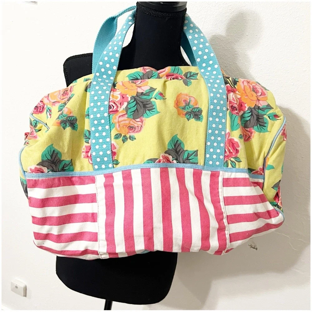 Matilda Jane Yellow Floral & Coral Stripe Tote with Teal Polka-Dot Handles